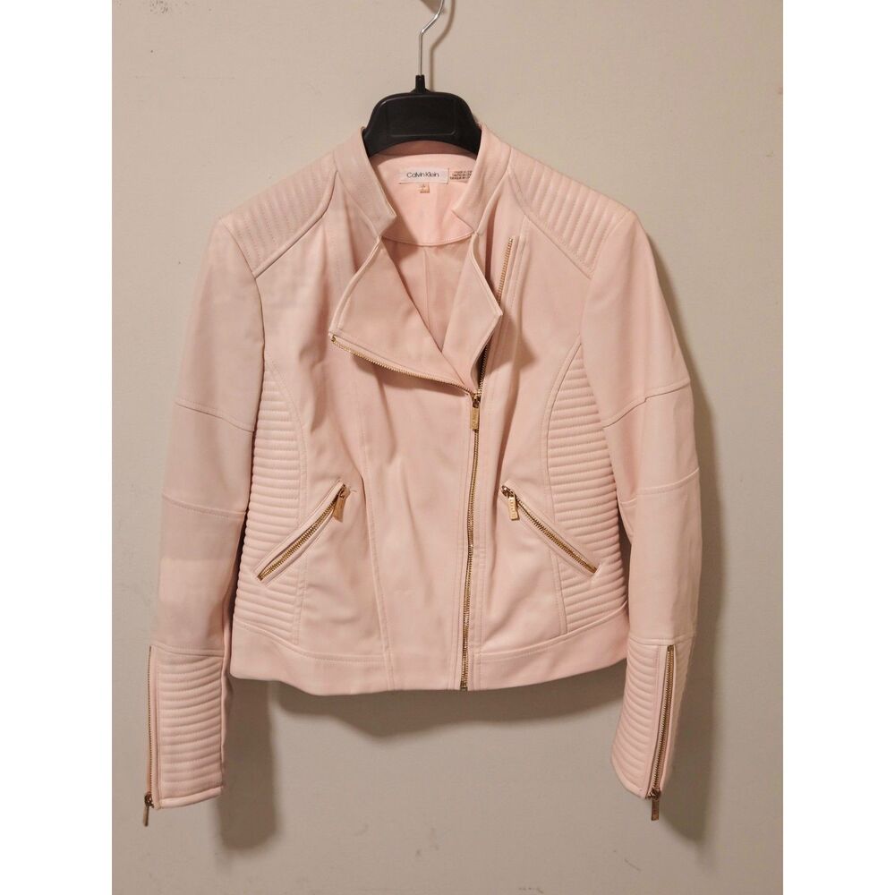 Calvin Klein Baby Pink Faux Leather Moto Jacket Quilted Biker Gold Hardware S